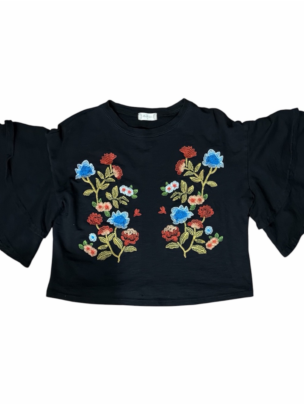ALTARD STATE Black Floral Embroidered Crop Top With Fluttered Layered Sleeves